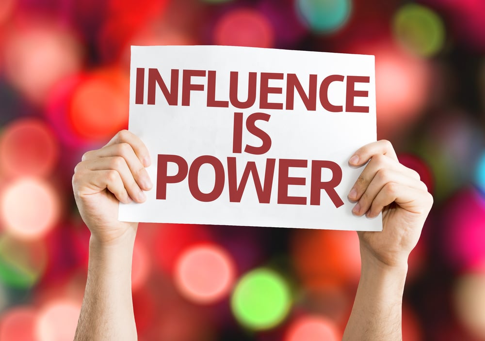 Influence is Power card with colorful background with defocused lights