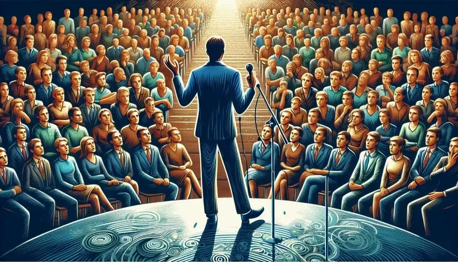 A colorful illustration of a person speaking in front of an audience